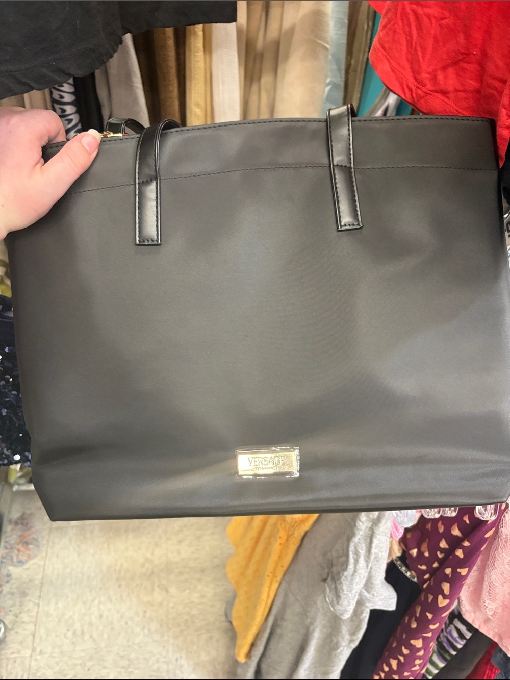 Versace Black Smooth Leather Tote with Gold Logo Plaque